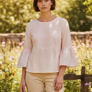 Madewell Pastel Pink Striped Short Top Long Bell Sleeves Keyhole Back Size XXS